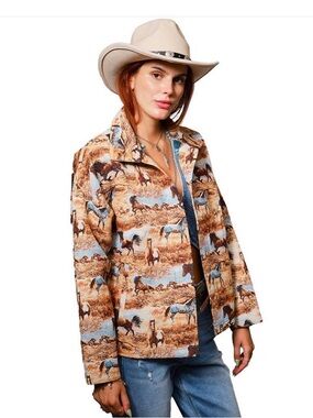 Women’s Western Horse Print Button-Up Shirt Jacket - Multi Brown